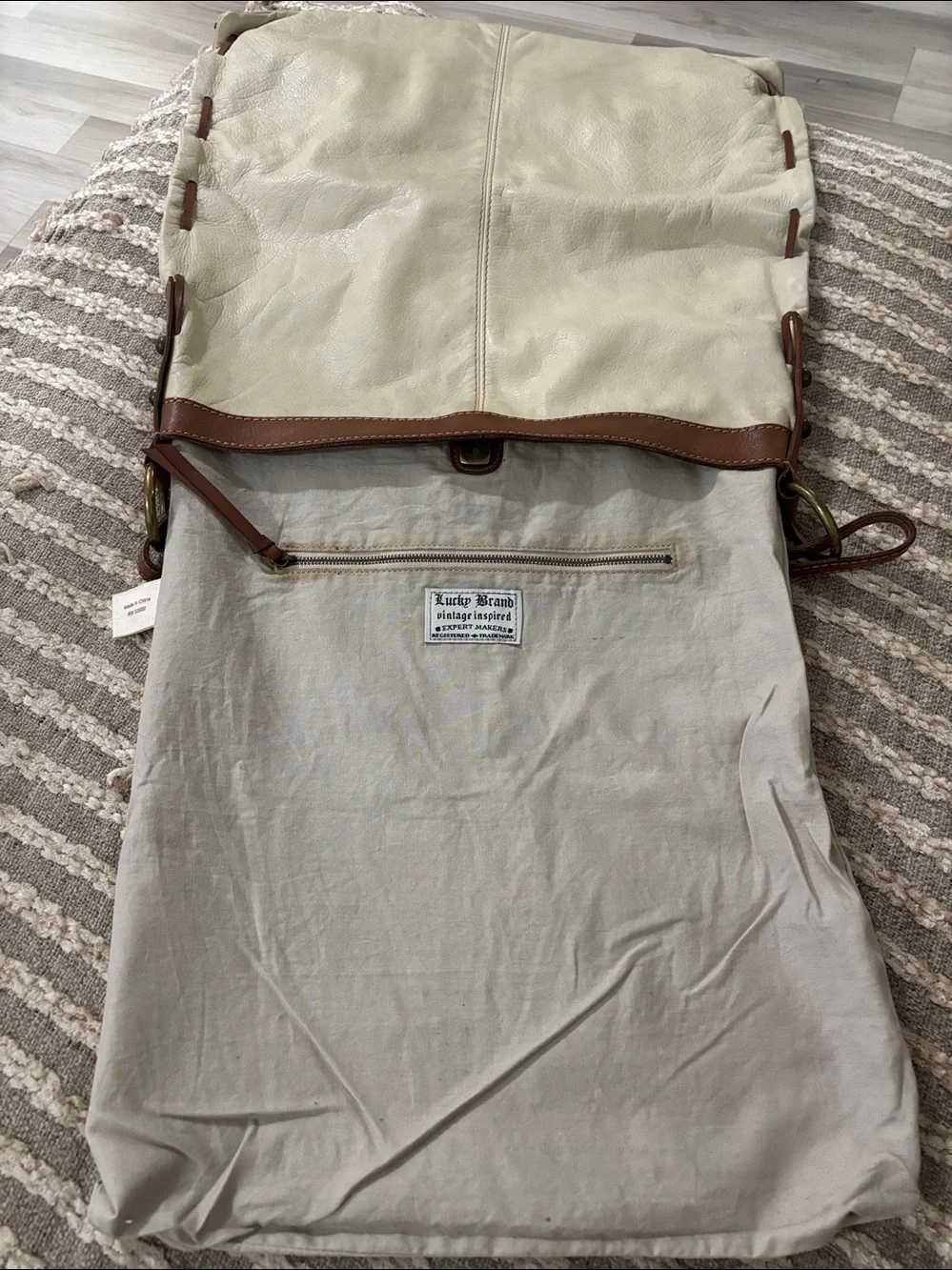 Lucky Brand Leather Crossbody Large Fold over Bag in Cream with Brown Trim -